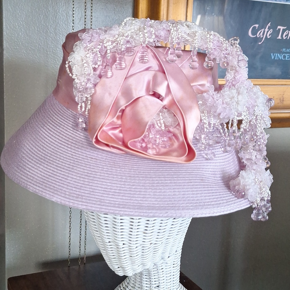 EUC Women's Pink Whittall & Shon Satin and Bead Church Hat